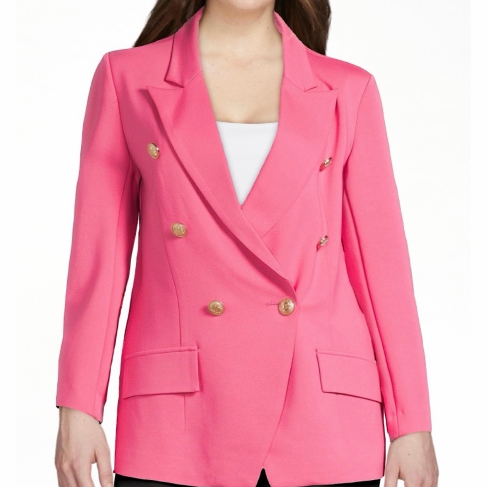 Attitude Pink Ponte Blazer Double Breasted Gold Button Notch Collar Women L NEW